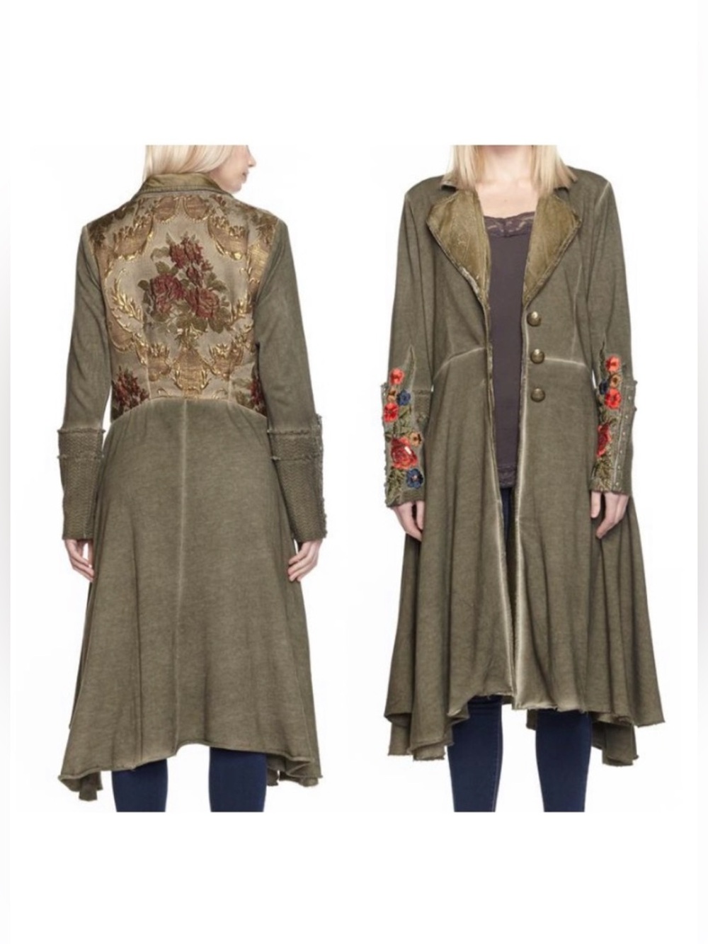 Aratta Green Floral Embroidery Jacquard Brocade Cherish Army Coat Sz Medium